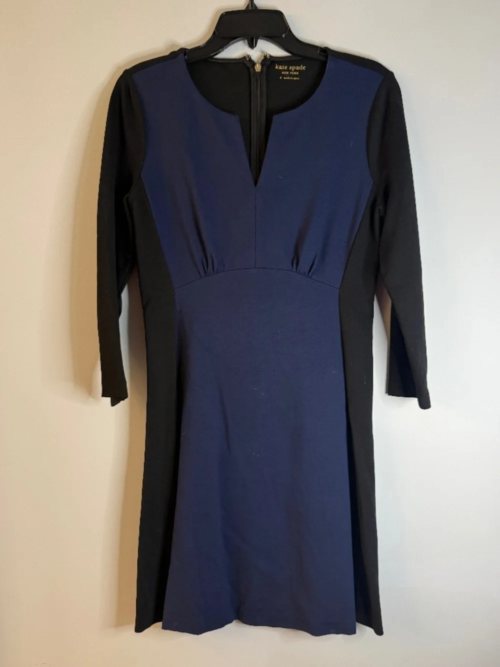 Kate Spade NY Split V-Neck 3/4 Navy Black A-Line Dress Size 8